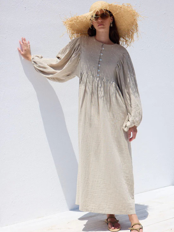 Manuka  Pleated Muslin Dress Sand