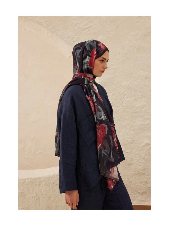 Fresh Scarfs zomer rozen patroon rami sjaal marineblauw