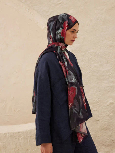 Fresh Scarfs -Summer bloom desenli rami şal lacivert