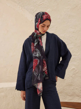 Fresh Scarfs Summer Rose Patterned Rami Hijab Navy Blue