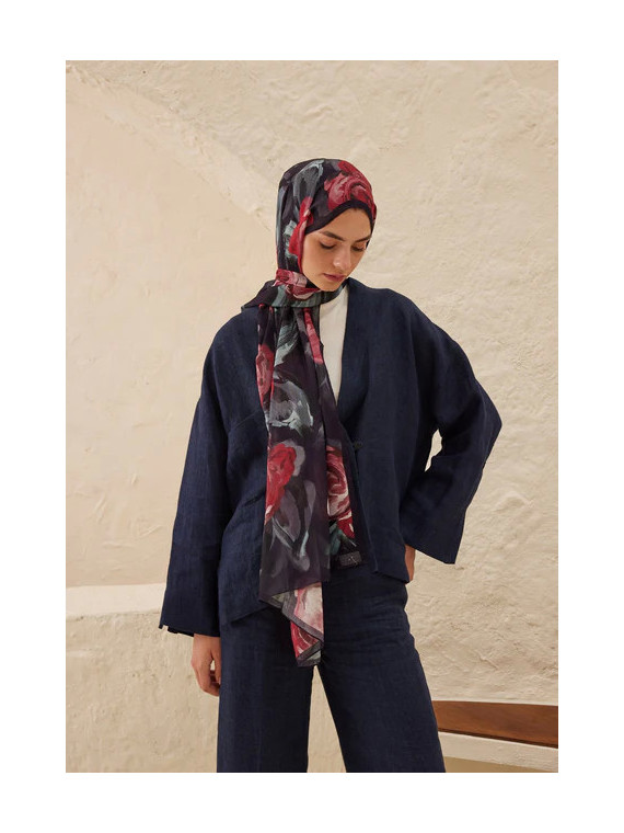 Fresh Scarfs zomer rozen patroon rami sjaal marineblauw