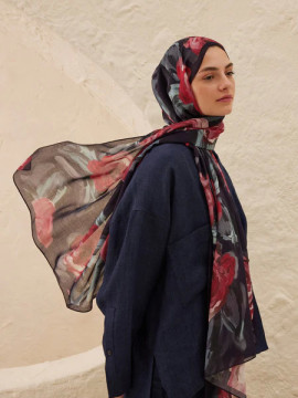 Fresh Scarfs zomer rozen patroon rami sjaal marineblauw