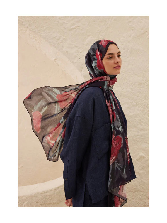 Fresh Scarfs zomer rozen patroon rami sjaal marineblauw