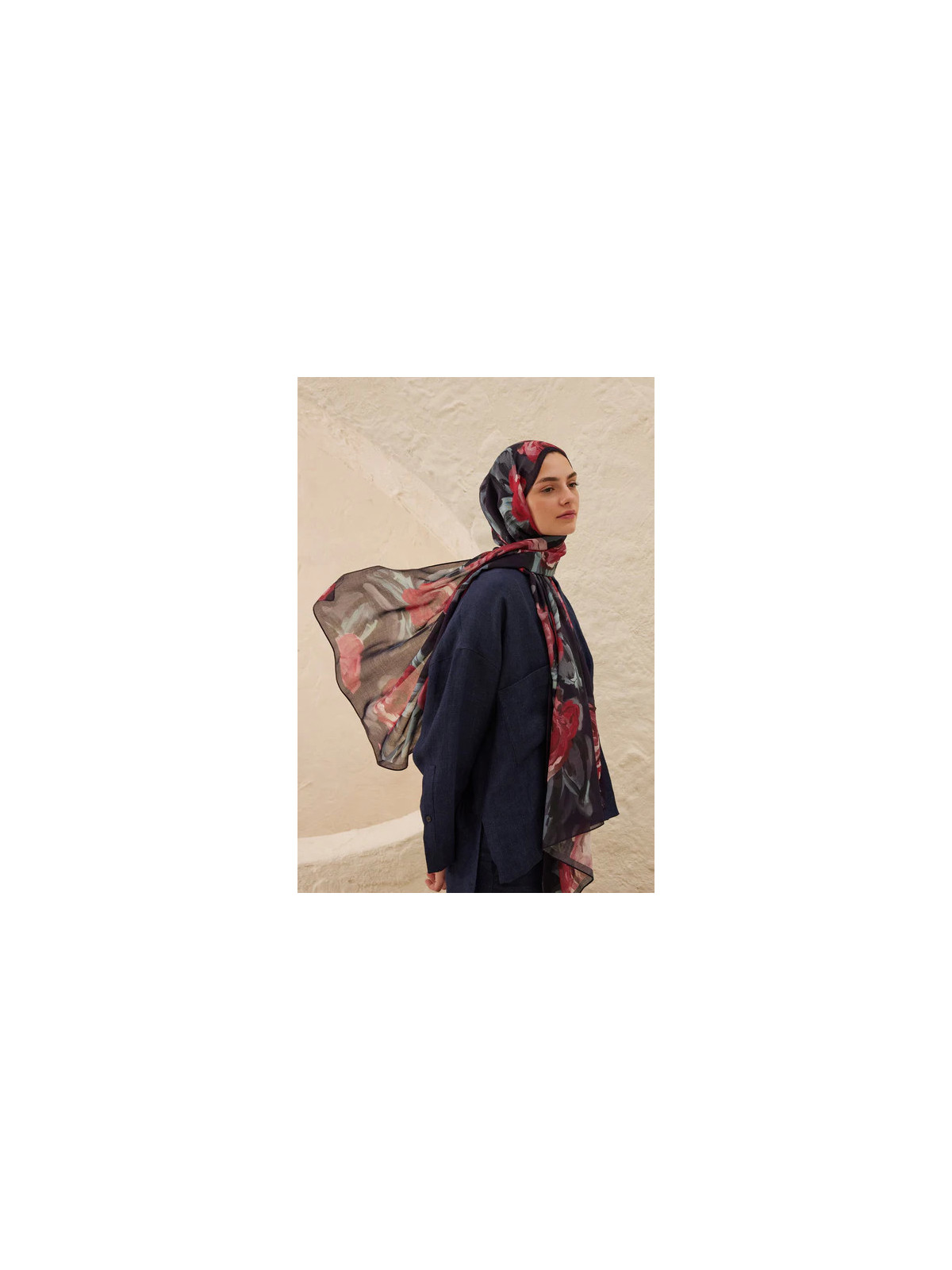 Fresh Scarfs zomer rozen patroon rami sjaal marineblauw