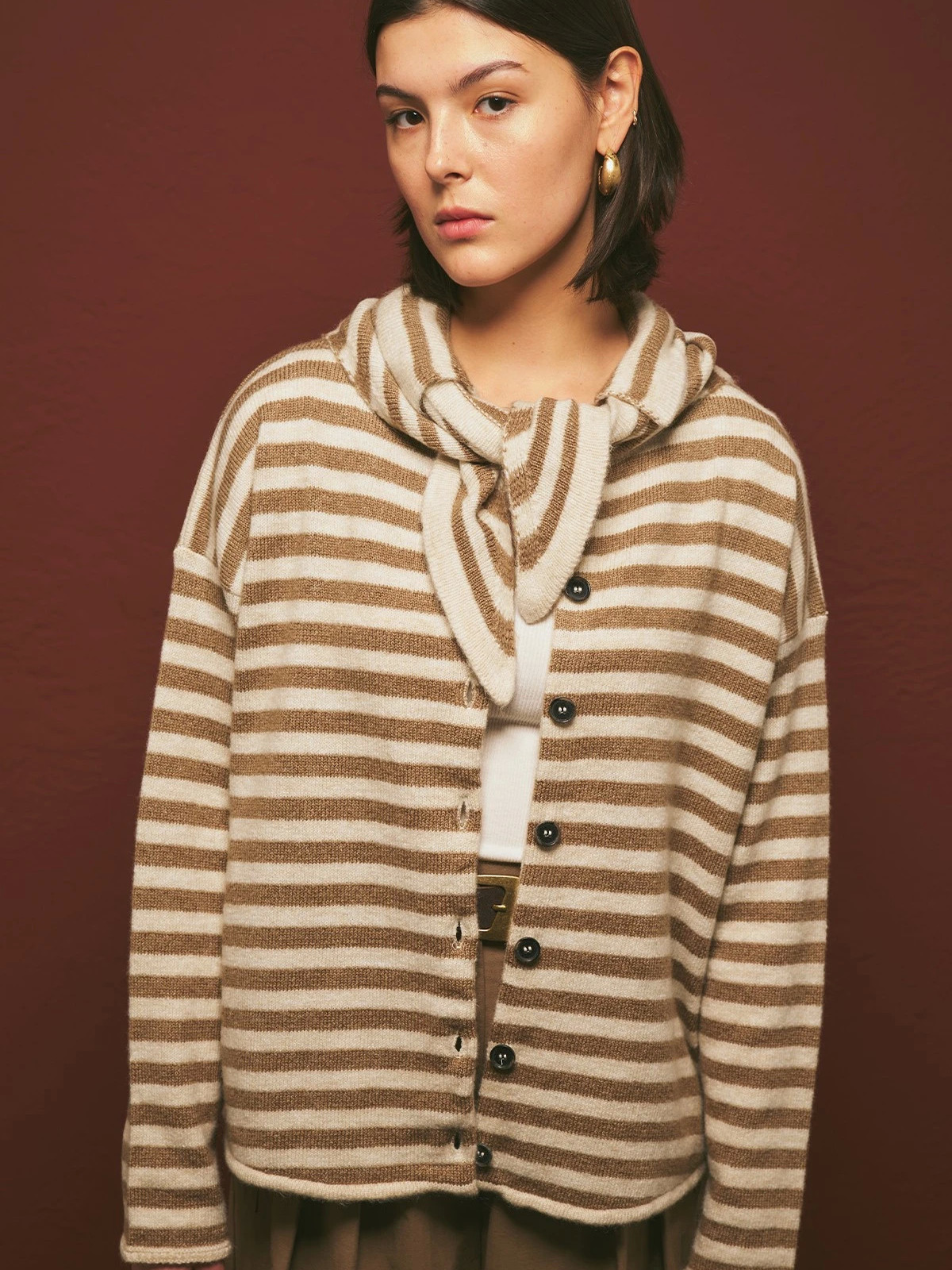 Gestreept vest met sjaaldetails, beige