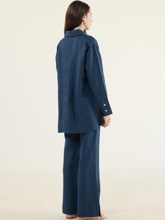Minikterzi Marineblauwe patchwork blouse en flared broek van 100% linnen