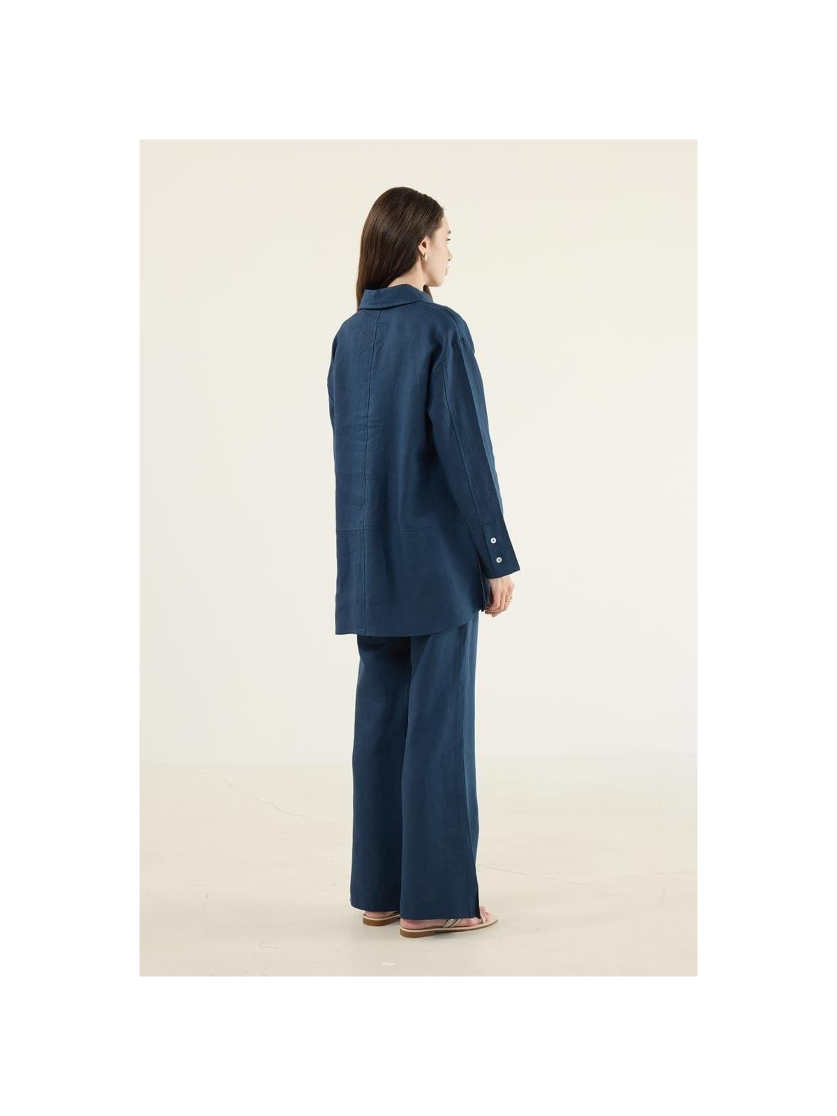 Minikterzi Marineblauwe patchwork blouse en flared broek van 100% linnen