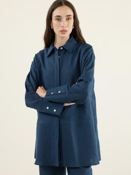 Minikterzi Marineblauwe patchwork blouse en flared broek van 100% linnen