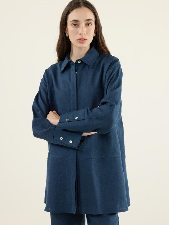 Minikterzi Marineblauwe patchwork blouse en flared broek van 100% linnen