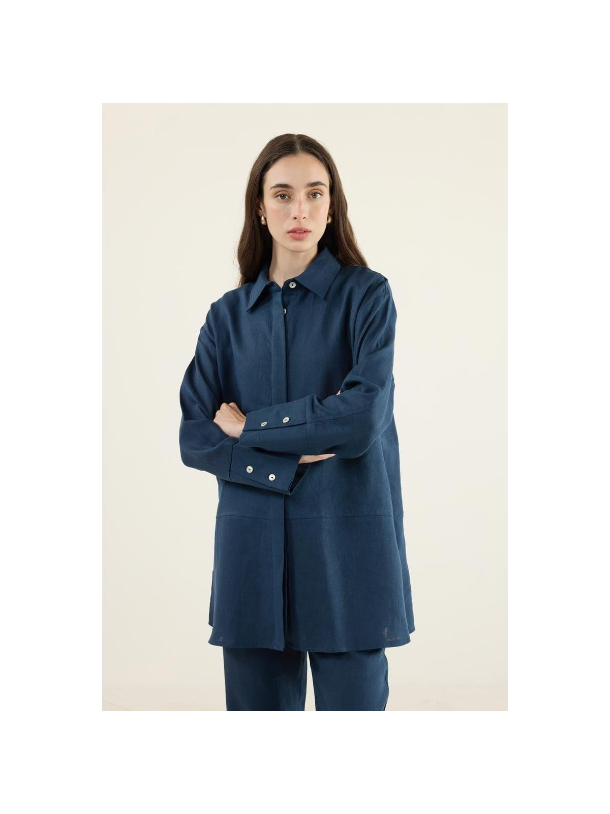 Minikterzi Marineblauwe patchwork blouse en flared broek van 100% linnen