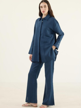 Minikterzi Navy Blue 100% Linen Patchwork Shirt and Flare Pants Set