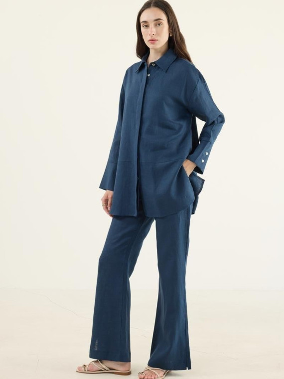 Minikterzi Marineblauwe patchwork blouse en flared broek van 100% linnen
