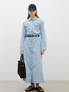 Manuka 1975 Denimjurk met riem, ijsblauw