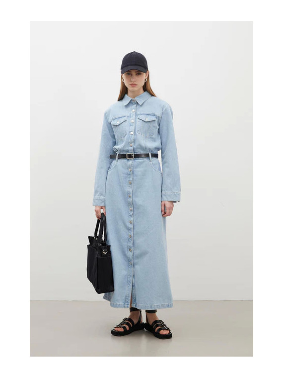 Manuka 1975 Denimjurk met riem, ijsblauw