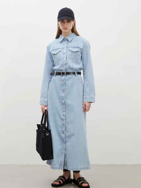 Manuka 1975 Denimjurk met riem, ijsblauw