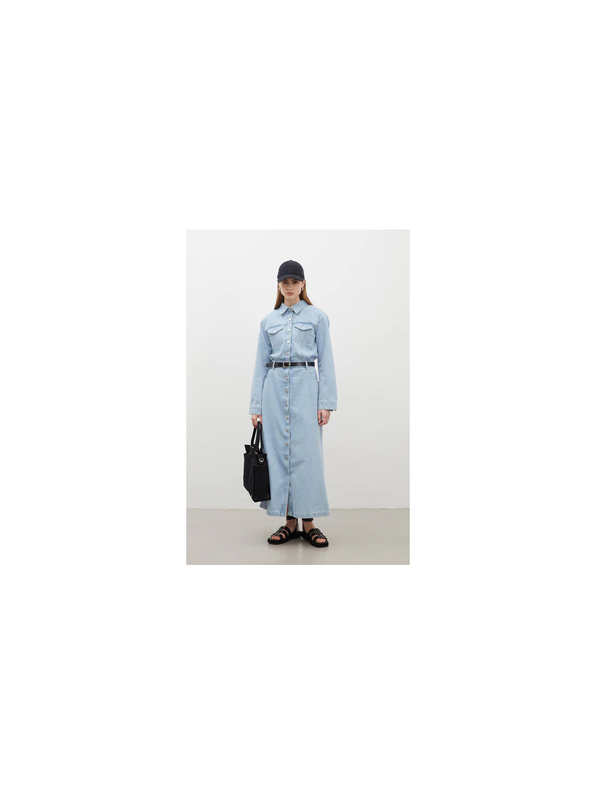 Manuka 1975 Denimjurk met riem, ijsblauw