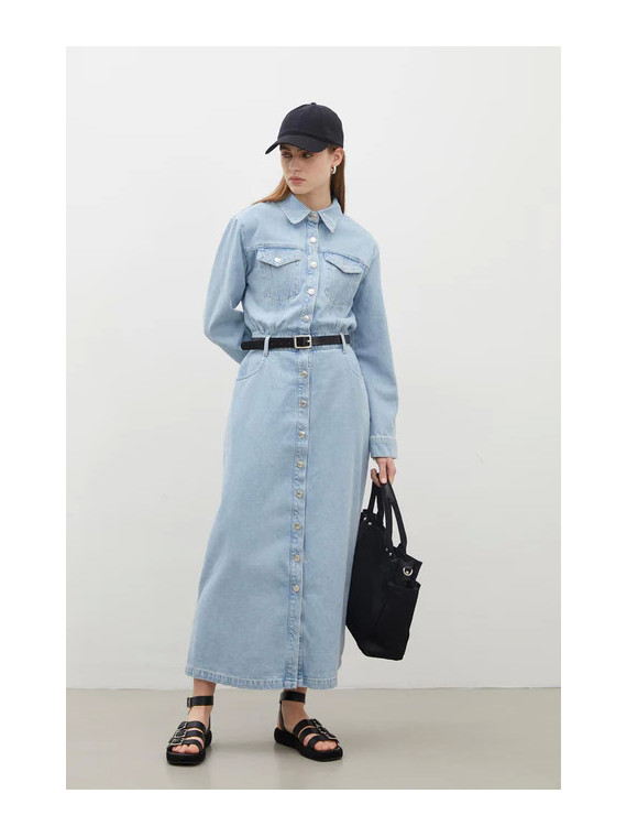 Manuka 1975 Denimjurk met riem, ijsblauw