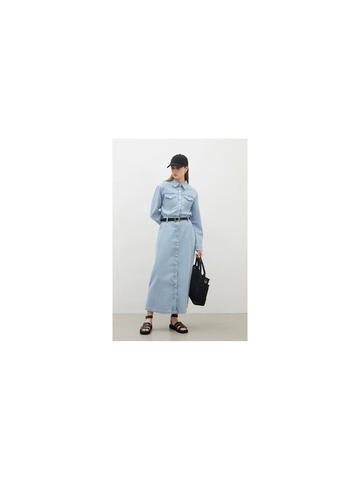 Manuka 1975 Denimjurk met riem, ijsblauw