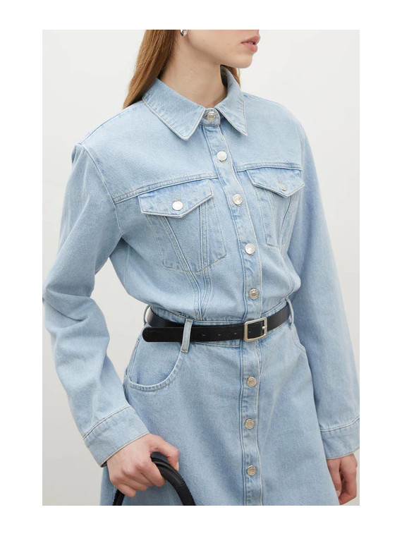 Manuka 1975 Denimjurk met riem, ijsblauw