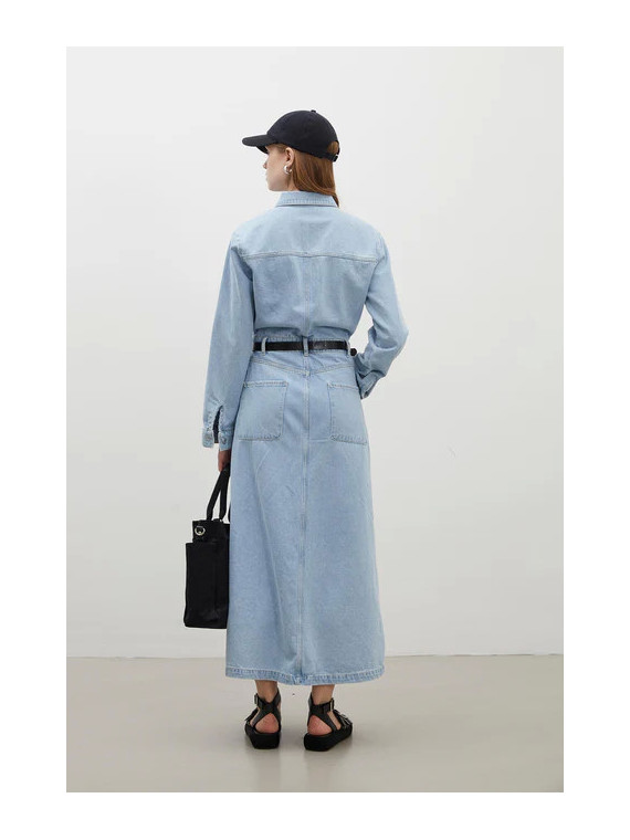 Manuka 1975 Denimjurk met riem, ijsblauw