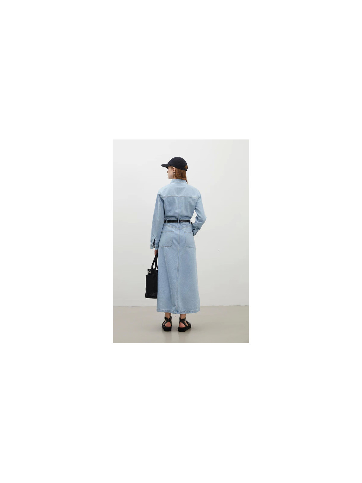 Manuka 1975 Denimjurk met riem, ijsblauw